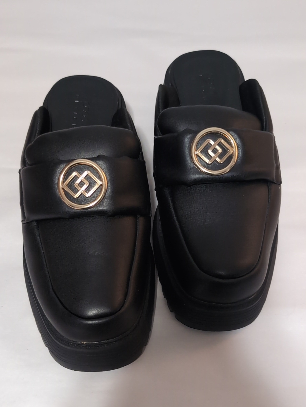 ASOS Black Loafer Mules with Gold Medallion Detail